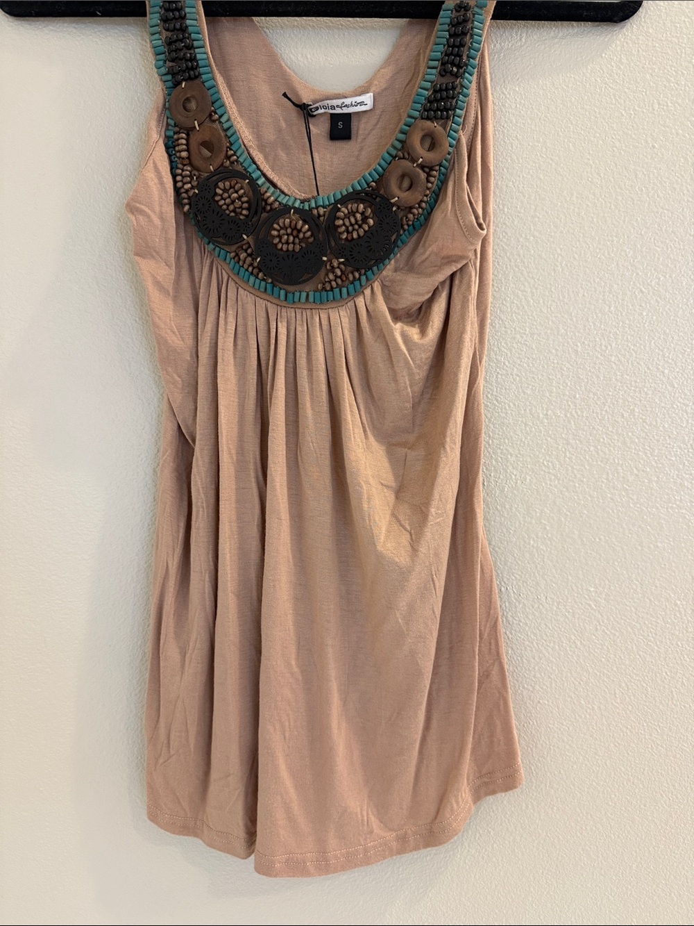 Beige Embellished Sleeveless Top with Turquoise Beaded Trim